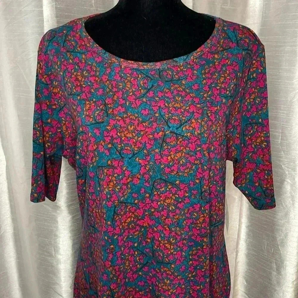 LuLaRoe Julia NWT Women’s 2XL Short Sleeve Maroon Blue Orange Midi T Shirt Dress
